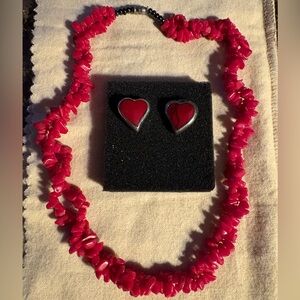 Vintage red coral necklace with red heart earrings